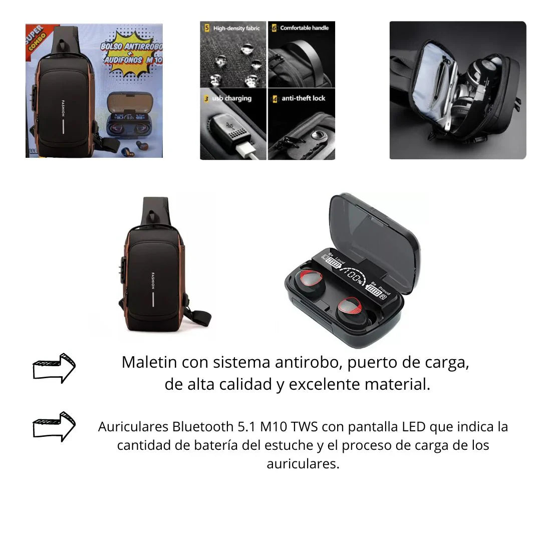 Super Combo Seguro: Bolso Antirrobo + Audífonos M10 Premium🎧🛡️